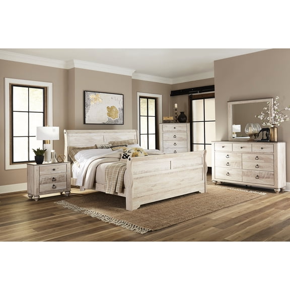 6-Piece Bedroom Furniture Set with King Sleigh Bed | Create a Rustic Urban Bedroom | Delicate Metal Handles and Turned Bun Feet | Alleviate Bedroom Organization Issues