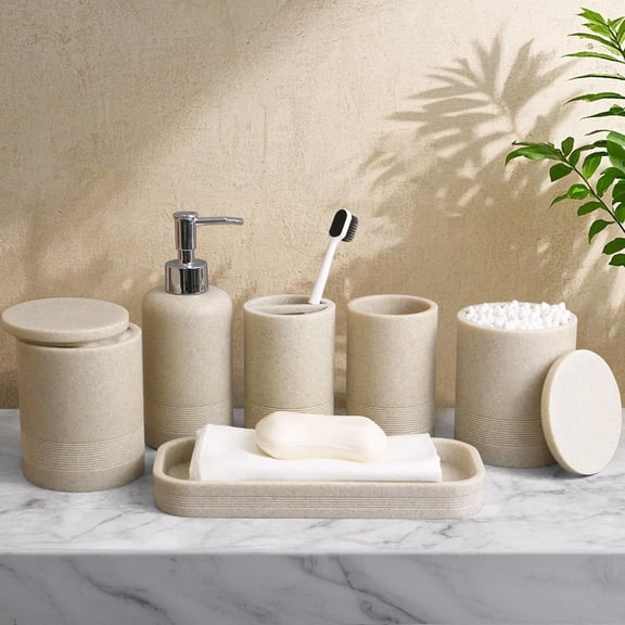 6-Piece Beige Modern Bathroom Set - Soap Dispenser, Toothbrush Holder, Vanity Tray & Tumbler