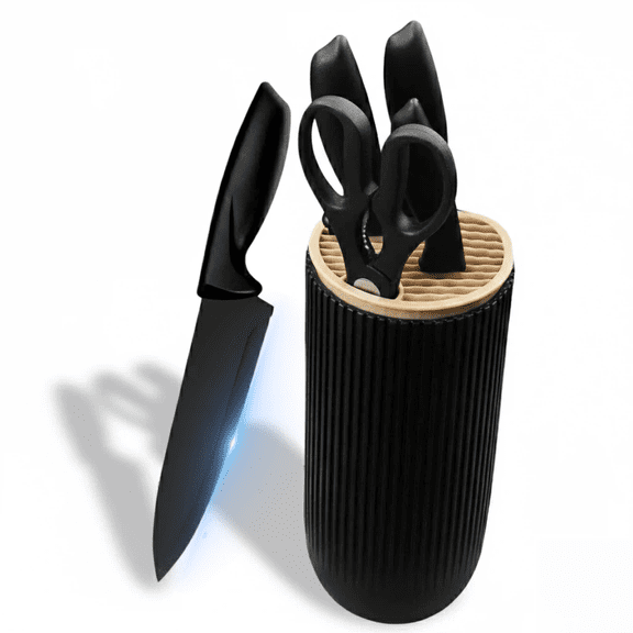 6-Piece Black Kitchen Knife Set, Stainless Steel Knives for Kitchen with Cylindrical Knife Block