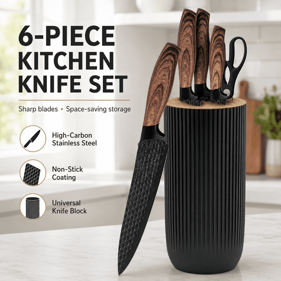 6-Piece Black Kitchen Knife Set with Universal Knife Block, Non-Stick Stainless Steel Chef Knife Set with Ergonomic PP Wood Handles, Anti-Rust Kitchen Knives and Scissors for Home Cooking