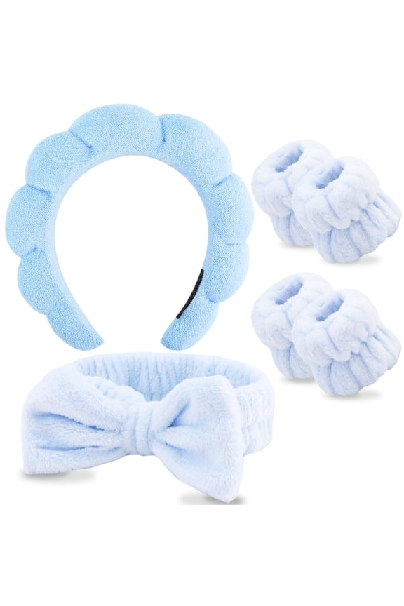 6 Piece Blue Sponge and Bow SPA Headband Set for Professional Daily Home Use