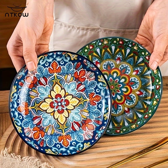 6-Piece Bohemian Underglaze Plate Set - Hand-Painted Ceramic for Fruits, Cold Dishes - Lightweight & Durable - Perfect for Home or Hotel Use