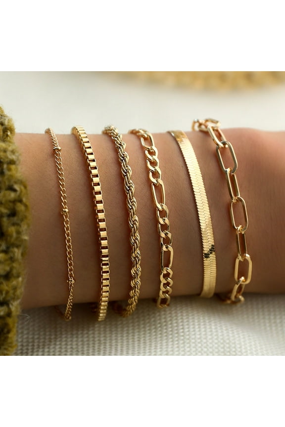 6-Piece Boho Stackable Bracelets for Women - Adjustable Layered Chain Cuff Set, Vintage Metal Jewelry, Gift for Her, Unisex, Everyday Wear (Iron, Electroplating)