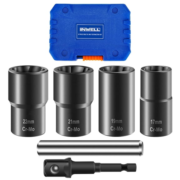 6 Piece Bolt Nut Extractor Set,1/2 Inch Drive Lug Nut Remover Tool,Wheel Lock Removal Kit,Easy Out Broken Lug Nut tools,for Damaged,Frozen,Studs,Rusted,Rounded-Off Bolts&Nuts Screws