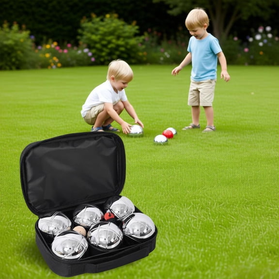 6-Piece Boules Set Outdoor Lawn Beach Game with Metal Balls Wooden Jack Measuring Tool Carry Bag for Adults Family Party Backyard Picnic Bocce Ball