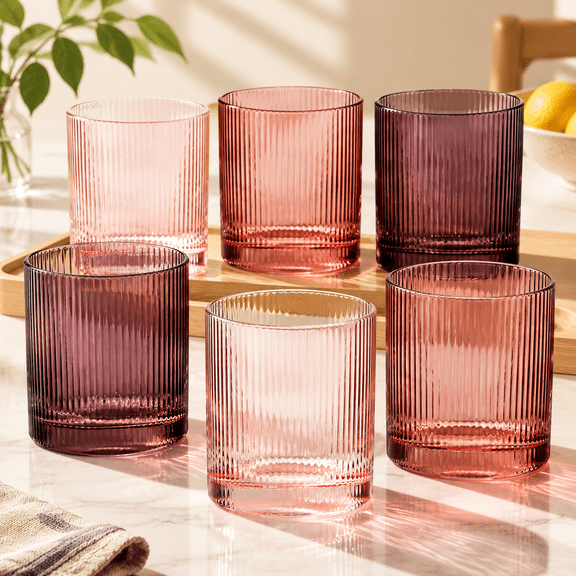 6-Piece Brown Ribbed Glassware Set Vintage Drinking Glasses in Ochre, Umber & Espresso 8.5oz Tumbler Cups for Water, Juice, Iced Coffee, Whiskey, Cocktail Aesthetic Colored Glasses