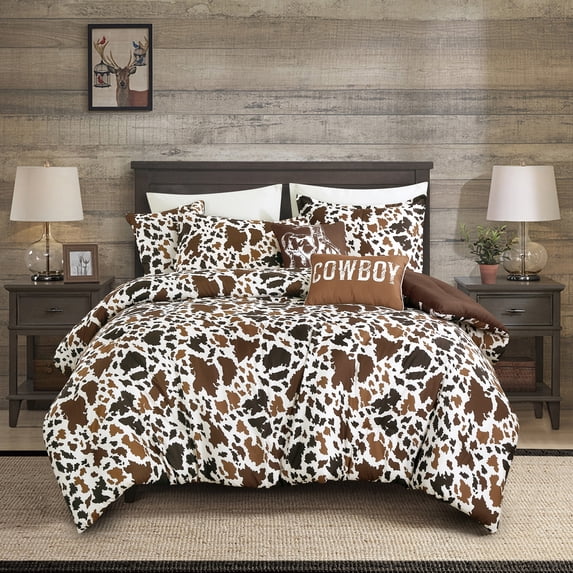 6-Piece Brown & White Cowhide Comforter Set Queen Size