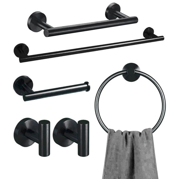 6-Piece Brushed Black Bathroom Hardware Set, Black Towel Bar Set Bathroom Towel Holder Set Towel Rack Set Stainless Steel Wall Mounted, 23.6 Inch