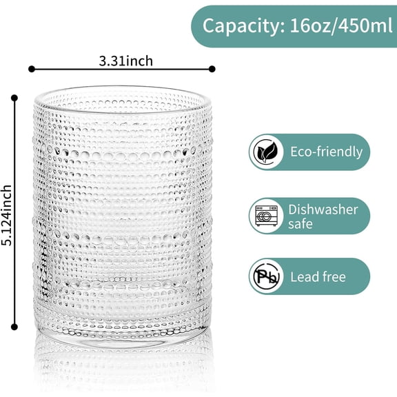 6-Piece Bumpy Drinking Glasses, 16 oz Vintage Embossed Glass Cups, Kitchen Glassware Water Cups for Cocktails, Beer, Juice, Whiskey