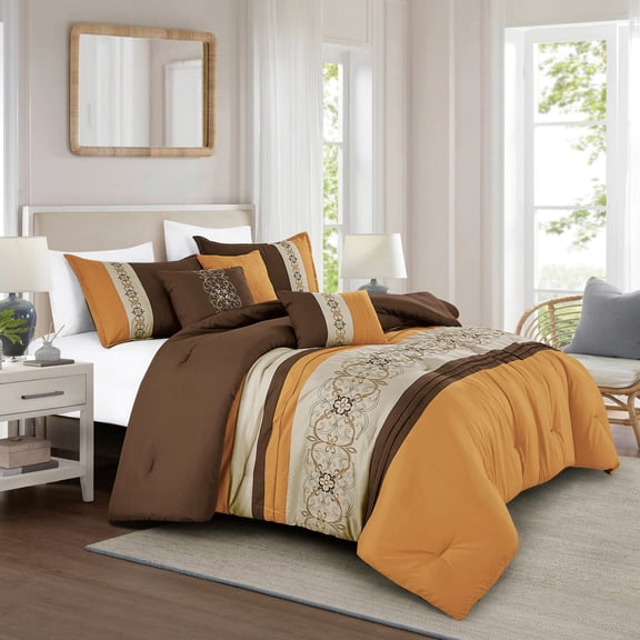 6-Piece Burnt Orange Embroidered Floral Comforter Set King Size