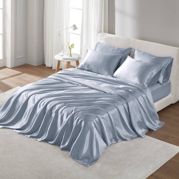 6-Piece Cal King Size Light Blue Luxury Satin Sheet Set, Silky Soft Cooling Bedding Sheets & Pillowcases