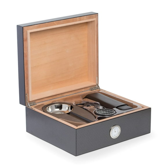 6 Piece "Carbon Fiber" Design Humidor Set. Includes Cedar Lined 50 Cigar Humidor, Single Cgar Ashtray, Leather Double Cigar Tavel Case, Cutter, Humidistat and External Hygrometer.