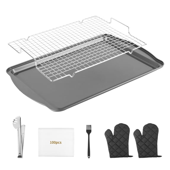 6-Piece Carbon Steel Non-Stick Baking Pan Set, Bakeware Set with 1 Baking Sheets, 1 Cooling Racks, 100 Pcs Parchment Papers, 2 Oven Mitts, Tongs & Pastry Brush