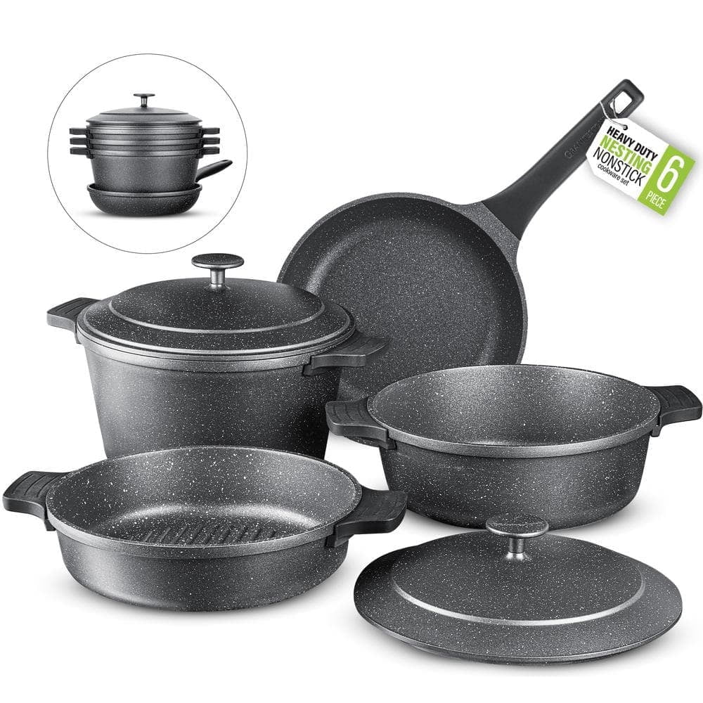 6-Piece Heavy Duty Nonstick Cast Aluminum Nesting Cookware Set