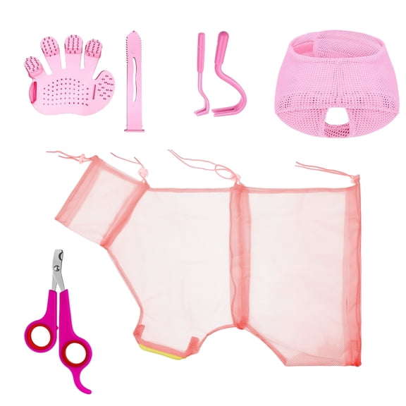 6-Piece Cat Bathing Bag Set with Grooming Tools: Adjustable Shower Net, Nail Clipper & Tick Remover for Pets