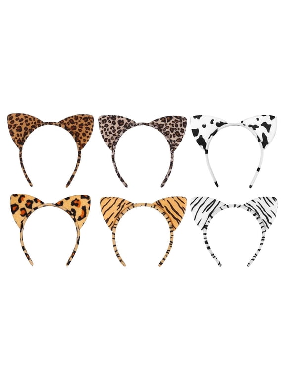 6-Piece Cat Ear Headband Plush Leopard Texture Headband Cheetah Ear Headband Cosplay Party Hair Accessories