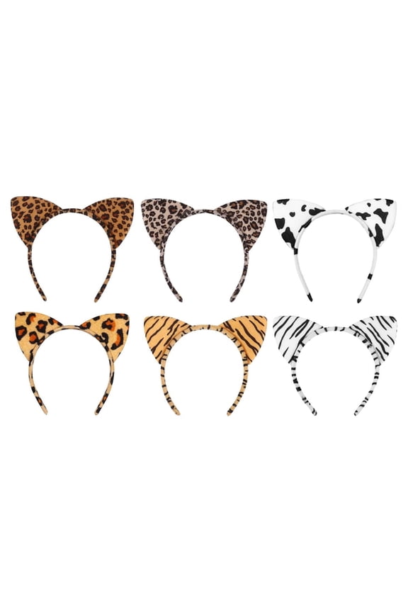 6-Piece Cat Ear Headband Plush Leopard Texture Headband Cheetah Ear Headband Cosplay Party Hair Accessories