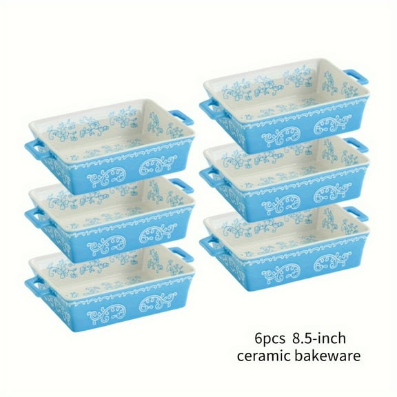 6-Piece Ceramic Baking Pan Set, Blue Hand-Printed Rectangular Pasta & Casserole Dish for Oven & Microwave, 8.5 Inch