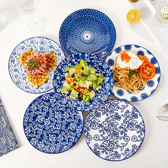 6-Piece Ceramic Dinner Plate Set - Scratch Resistant - Microwave/Dishwasher Safe - For Steak, Pasta, Pizza - Perfect Holiday Gift Set