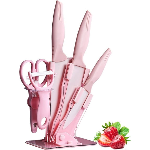 6-Piece Ceramic Kitchen Knife Set for Kids - Non-Stick Chef Knives with Scissors, Peeler & Block - Ultra Sharp, Ergonomic Handle, Easy Clean - Ideal Gift (Pink)