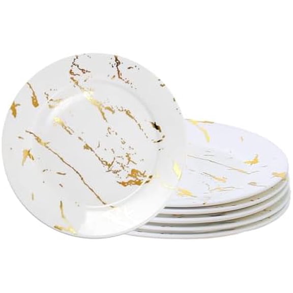 6-Piece Ceramic Plates Set - 8 Inch White Marble-Pattern Appetizer & Dessert Plates with Gold Rim, Microwave and Dishwasher Safe