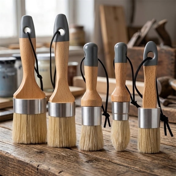 6-Piece Chalk Paint Brush Set With Natural Bristles, Wood Handle Wax Brushes For Furniture Refinishing, Includes Round Flat And Pointed Tips For Milk Paint And DIY Crafts,White