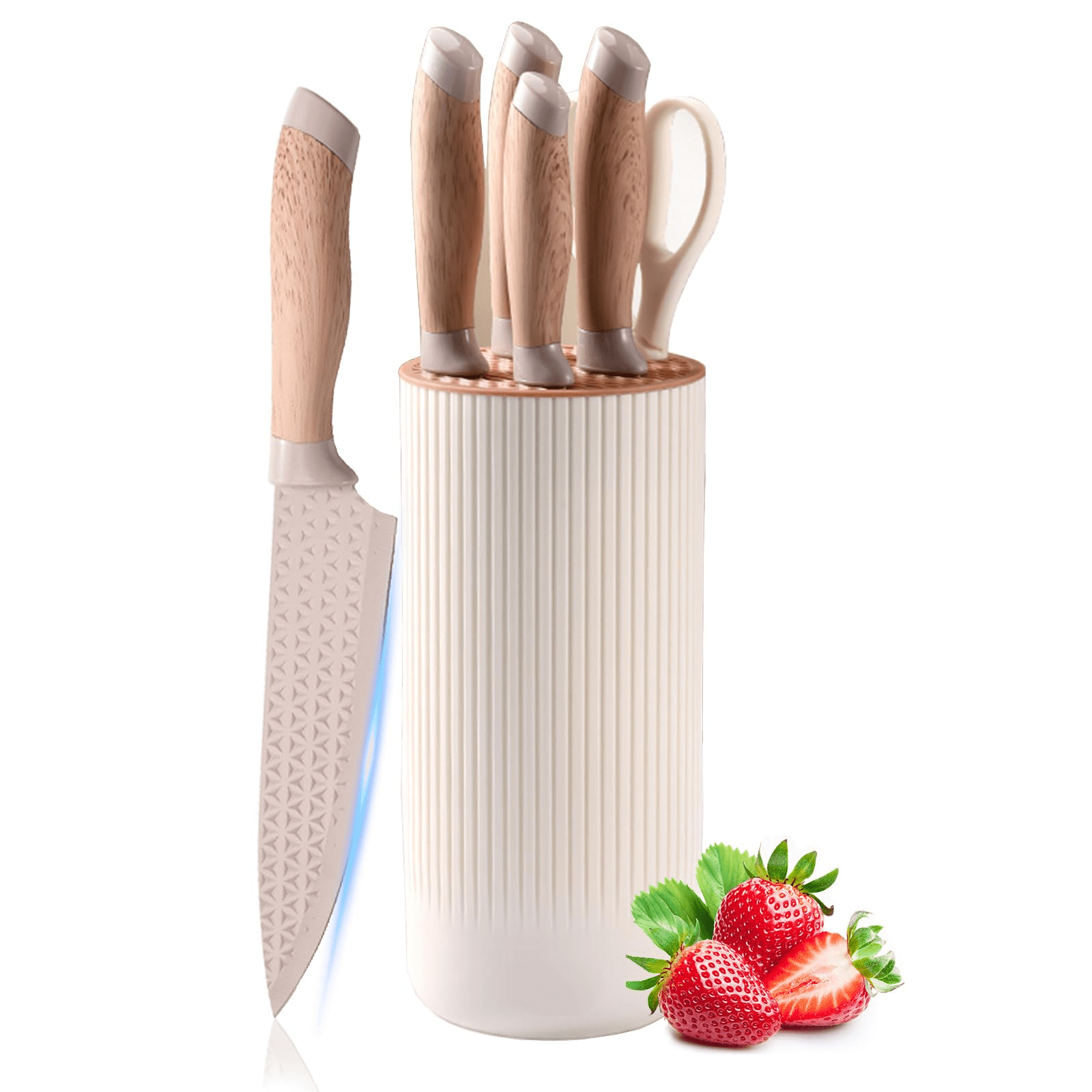 6 Piece Chef Knife Set, Beige Universal Knife Block, Anti-Rust ...