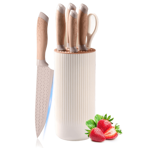 6 Piece Chef Knife Set, Beige Universal Knife Block, Anti-Rust Stainless Steel Kitchen Knives, Ultra Sharp Non-Stick Blades with Ergonomic Handle, Cooking Knife Set