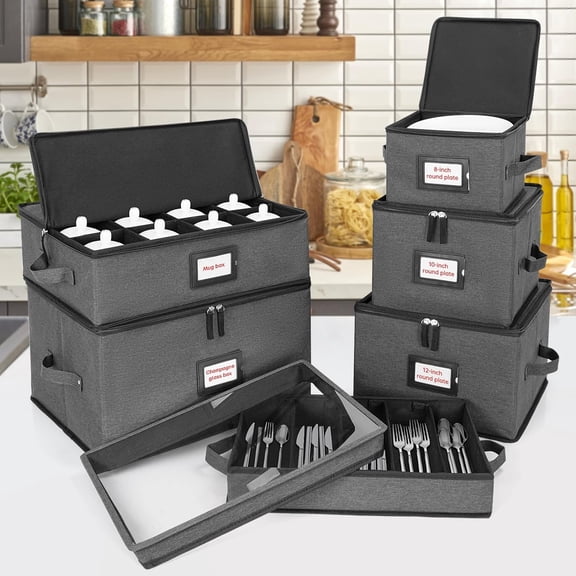 6-Piece China Storage Containers Set with Hard Shell for Dishes Plates Wine Glasses and Mugs - Heavy Duty Moving Organizer