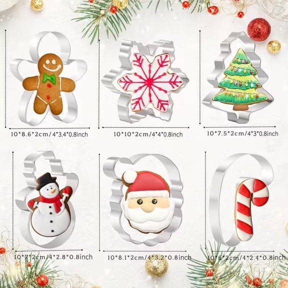 6-Piece Christmas Cookie Cutters Set - Stainless Steel Baking Molds with Santa Claus, Snowflakes, Gingerbread Man, Snowman, and Candy Cane Designs