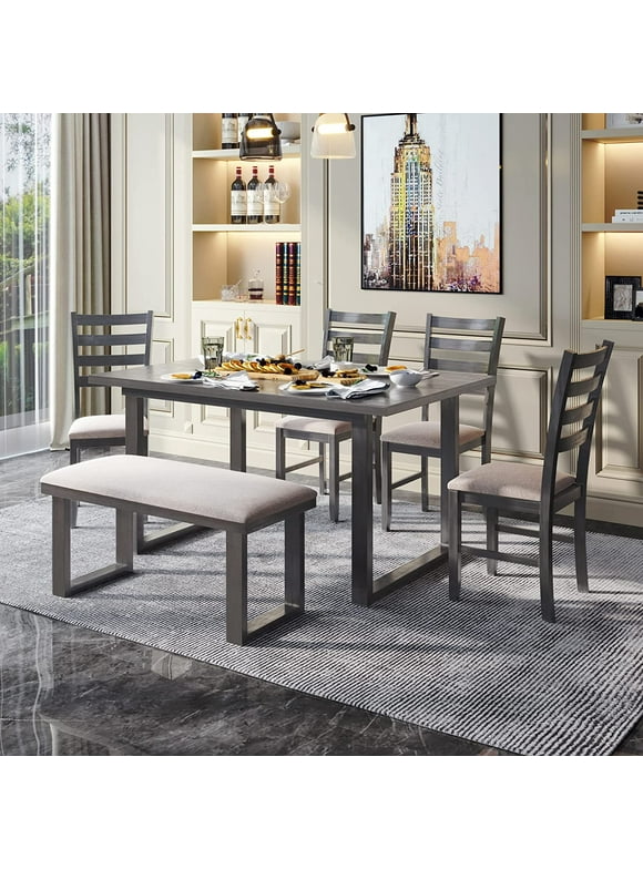 6-Piece Classic Wooden Dining Table Set with 4 Chairs and Bench for Kitchen  Family   Brown + Cottage White-1-6pcs