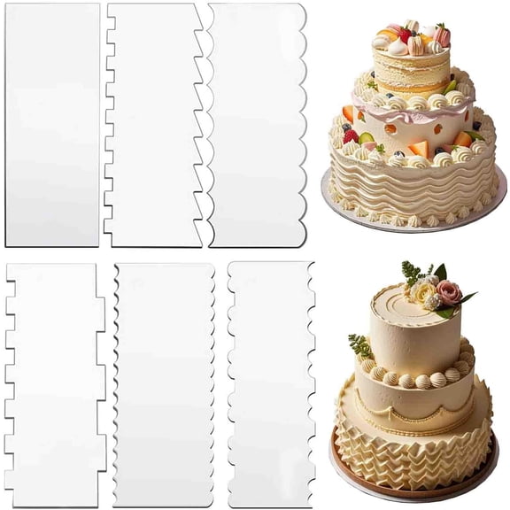 6-Piece Clear Acrylic Cake Decorating Scraper Set Large Icing Smoothers and Edge Combs for Buttercream, Frosting, Mousse, and Baking Projects