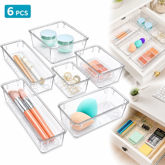 6-Piece Clear Drawer Organizer Set, Acrylic Storage Trays and Bins for Makeup, Jewelry, Office Supplies, Kitchen Utensils, Cosmetics - Versatile Desktop & Drawer Storage Organizer