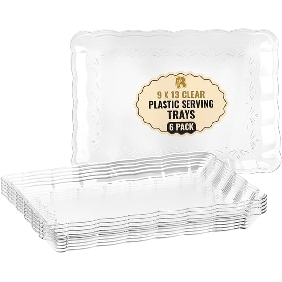 6-Piece Clear Plastic Trays, 9" x 13", Heavy Duty Rectangular Party Trays & Platters, Disposable