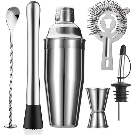 6-Piece Cocktail Shaker Set 24oz Shaker Strainer Muddler Jigger Mixing Spoon Pour Spout Bartender Kit Stainless Steel Bar Set Housewarming Gift