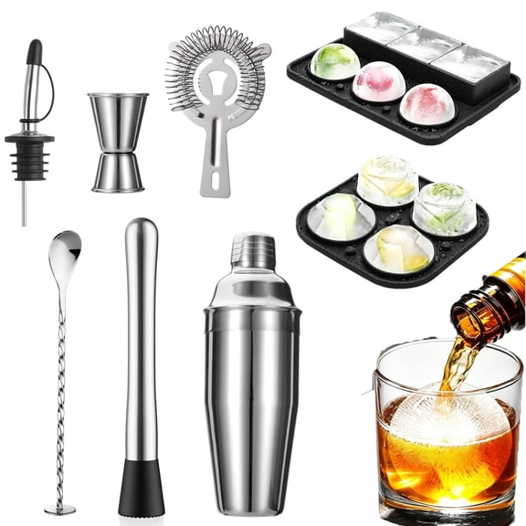 6-Piece Cocktail Shaker Set & Silicone Ice Cube Tray, 24oz Bartender Kit with Muddler Jigger Strainer, Stainless Steel Bar Tools