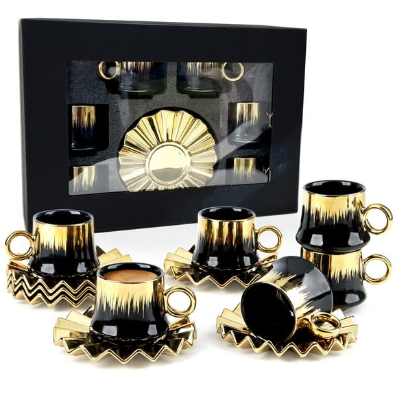 6 Piece Coffee Cup and Saucer Set, Ceramic Luxury Style Tea Cup Set, Includes 6 Cups and 6 Saucers , Home Hospitality, Microwave Dishwasher Safe, Black Gold Color