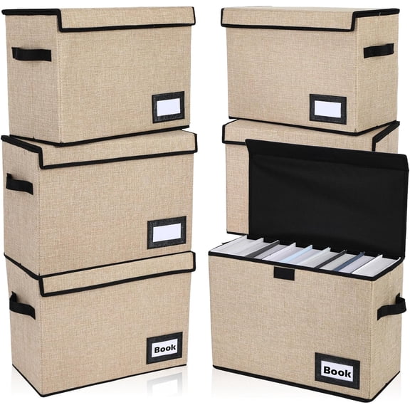 6-Piece Collapsible Comic Book Storage Box Set with Lid, 15.8 x 7.9 x 11.4 Inch Beige Linen and Polypropylene Bins