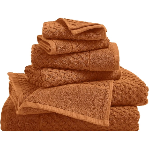 6 Piece Cotton Bath Towel Set Diamond Waffle Weave Absorbent Durable Quick Dry Copper