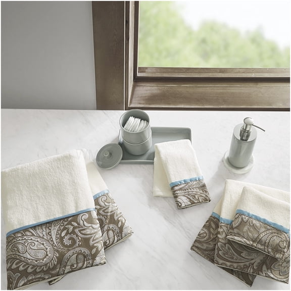 6-Piece Cotton Jacquard Bath Towel Set, Soft and Absorbent Towels with Woven Paisley Design in Blue and Brown, OEKO-TEX Certified for Safety