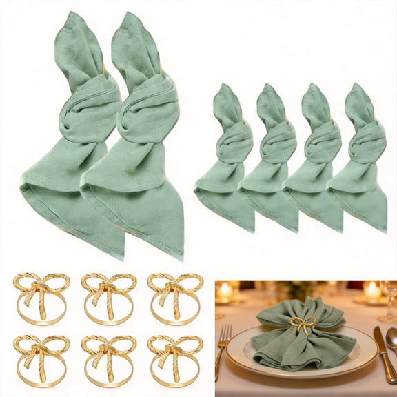 6-Piece Cotton Linen Cloth Napkin Set with Gold Bow Napkin Rings, 16x16-Inch Green Reusable Dinner Napkins for Weddings, Parties, and Home Decor, 12-Piece Total Set
