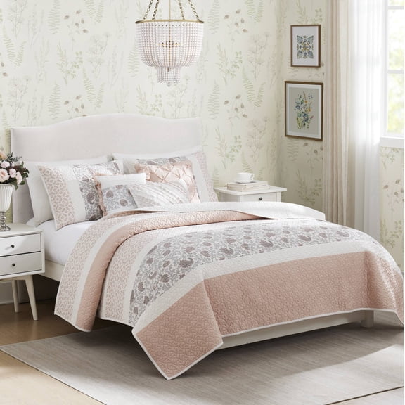 6 Piece Cotton Percale Quilt Set with Throw Pillows Blush Full/Queen