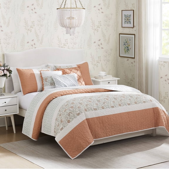 6 Piece Cotton Percale Quilt Set with Throw Pillows Coral King/Cal King