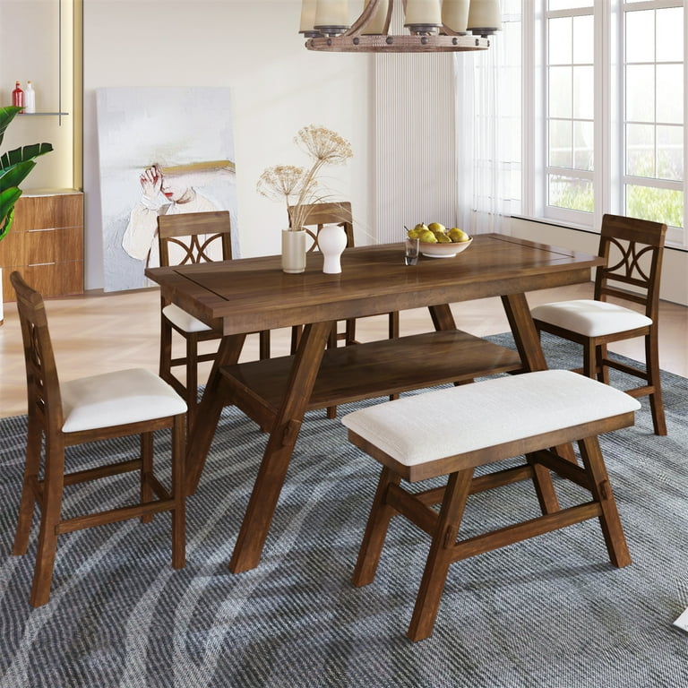 6 Piece Counter Height Dining Set Rectangle Wood Table with Storage Shelf Upholstered Bench 4 Chairs Walnut Beige Walmart