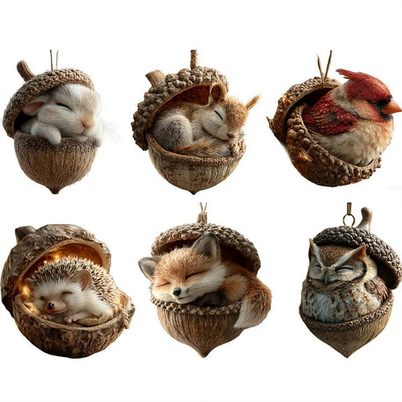 6-Piece Cozy Rustic Forest Animal Acorn Ornaments Cute 2D Acrylic Christmas Tree Hanging Decorations for Nature & Animal Lovers