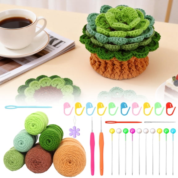 6 Piece Crochet Kit for Beginners Cute Potted Plant Cup Mats Crochet Kit with Step by Step Video Tutorials Yarns for Adult DIY Crafts