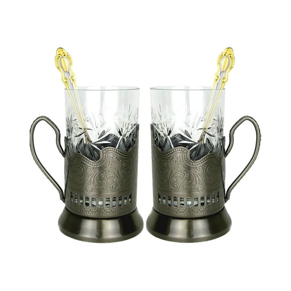 6 Piece Crystal Tempered Hot Tea Glassware and Drinkware - Metal Glass Holders