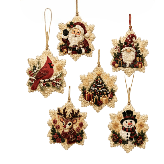 6-Piece DIY Christmas Ornaments Kit, Pearl Art Sticker Set for Kids Adults, No Glue 3D Relief Hanging Decor with Santa Snowman Reindeer, Easy Holiday Craft Gift for Tree Party