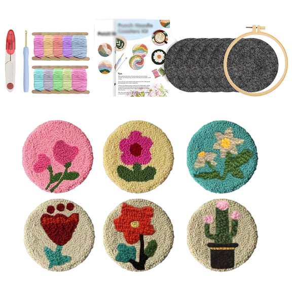 6-Piece DIY Punch Needle Kit for Beginners, Bird Themed Embroidery Coaster Set with Printed Patterns and Yarns, Stress Relief Craft for Adults Teens, Handmade Tufted Drink Coasters Home Decor