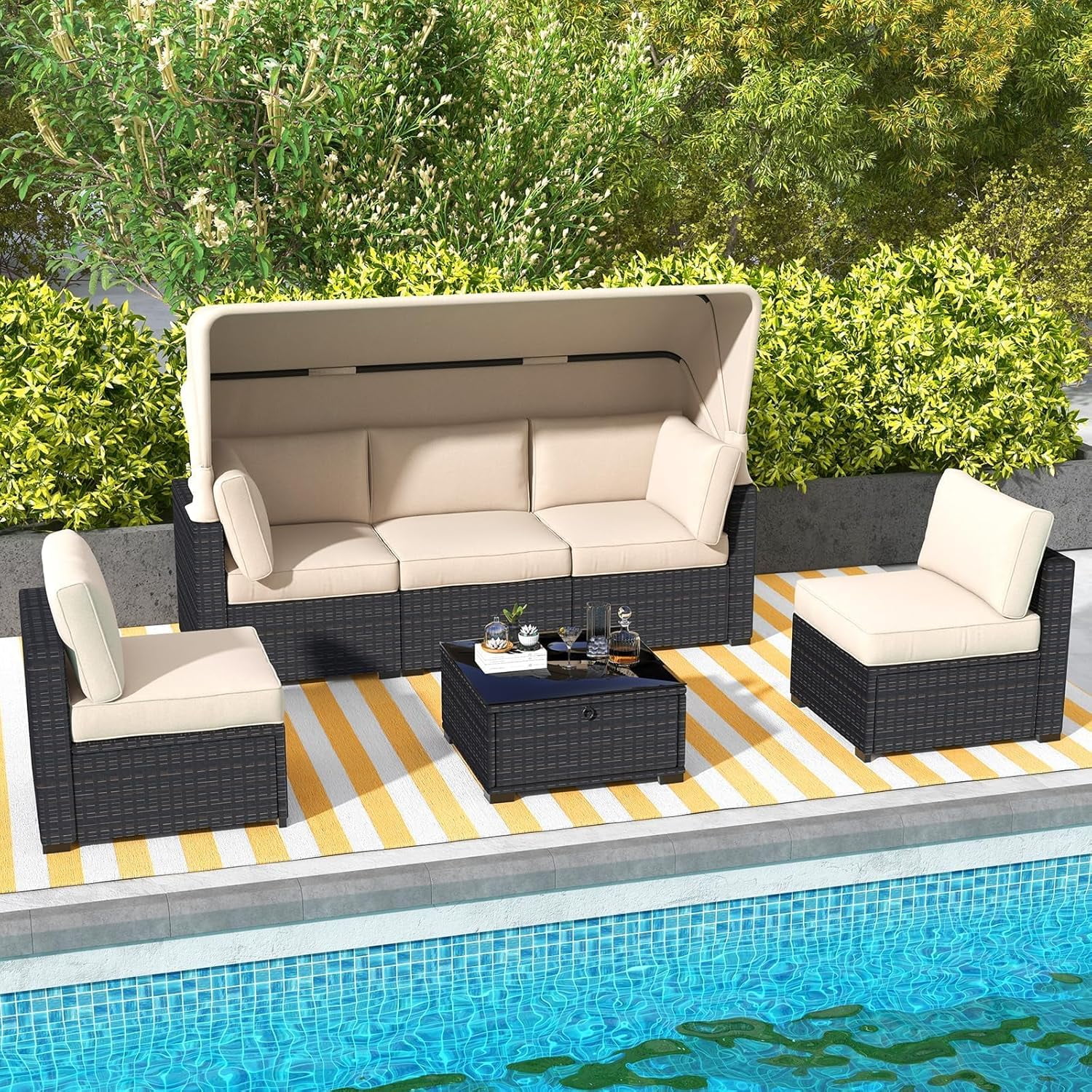 6 Piece Dark Brown + Beige Patio Rattan Sofa Bed with Retractable ...